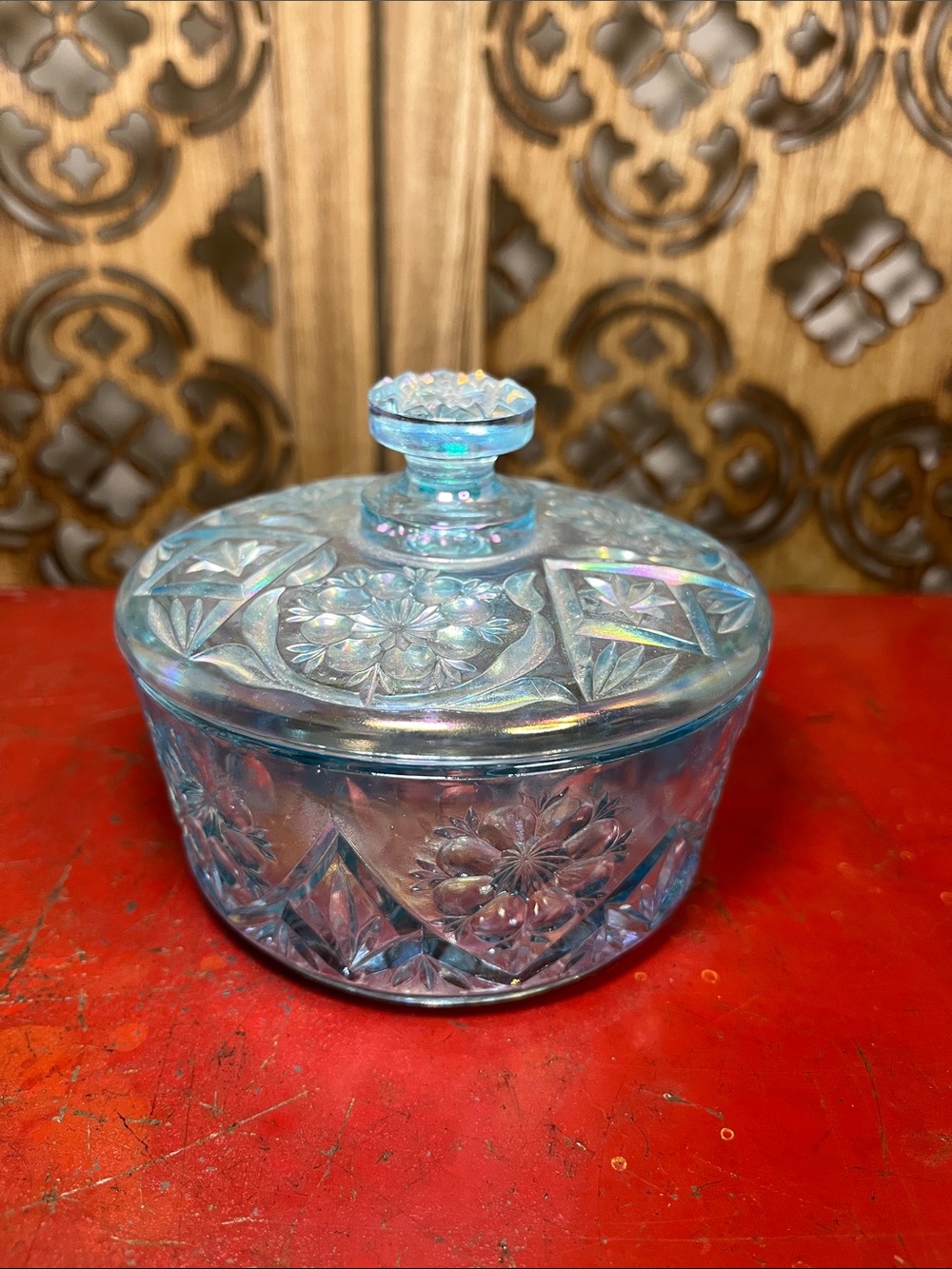 Imperial Lenox Ice Blue Mayflower Carnival Glass Jewelry Box